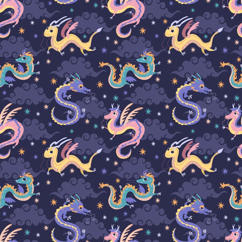 mignonne chinois dragon. vecteur illustration, sans couture modèle sur bleu Contexte