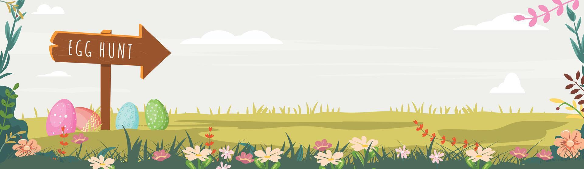ensoleillé Pâques Oeuf chasser aventure. illustration de paysage avec une bouclier Oeuf chasser dans le ensoleillé journée vecteur