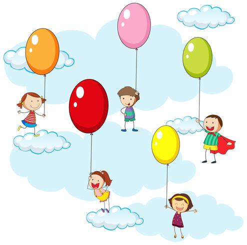 Enfants et ballons colorés dans le ciel vecteur