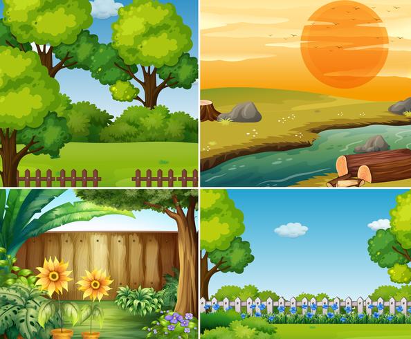 Quatre scènes de jardin avec des arbres vecteur