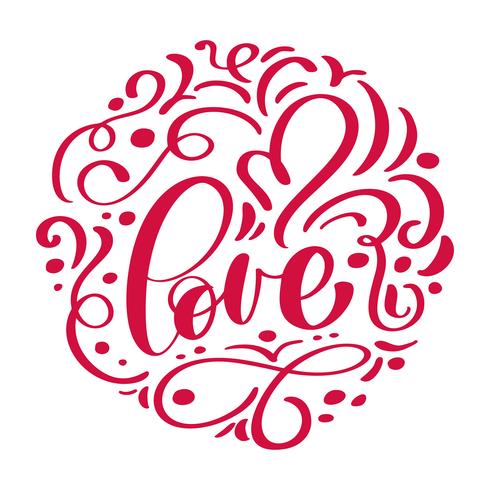 inscription manuscrite LOVE disposée dans un cercle et une carte de coeur Happy Valentines day, citation romantique pour concevoir des cartes de voeux, tatouage, invitations de vacances vecteur