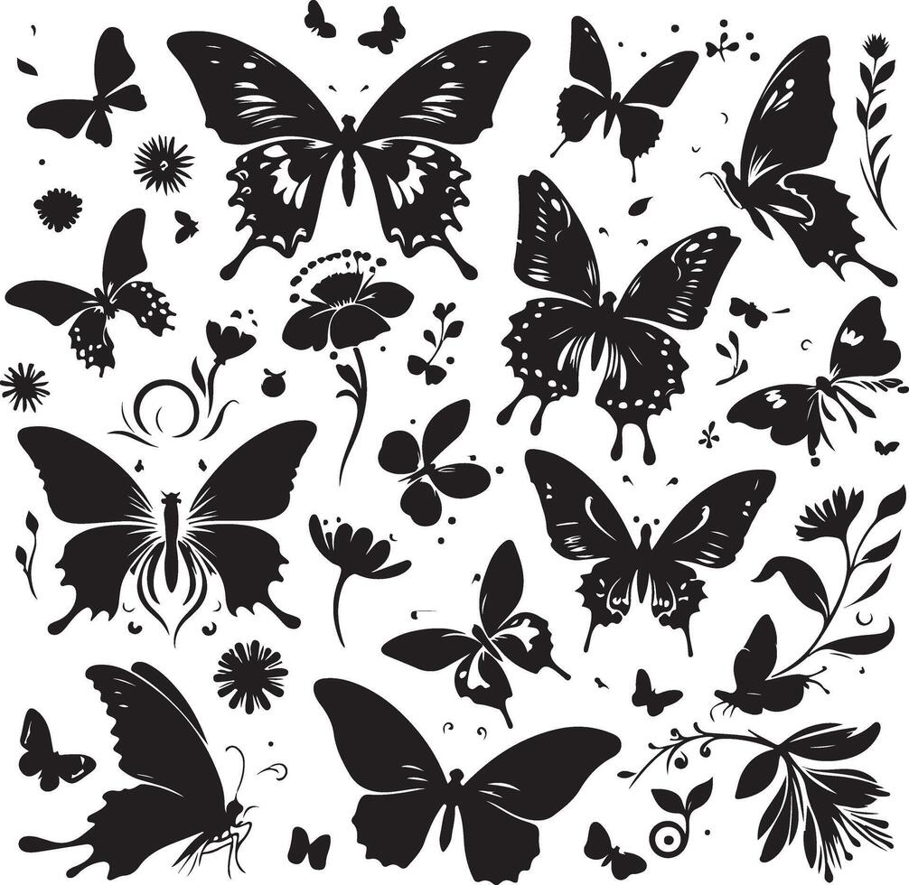 papillons et fleurs, modèle avec papillons, ensemble de papillons, en volant papillons silhouette noir ensemble isolé sur blanc Contexte vecteur