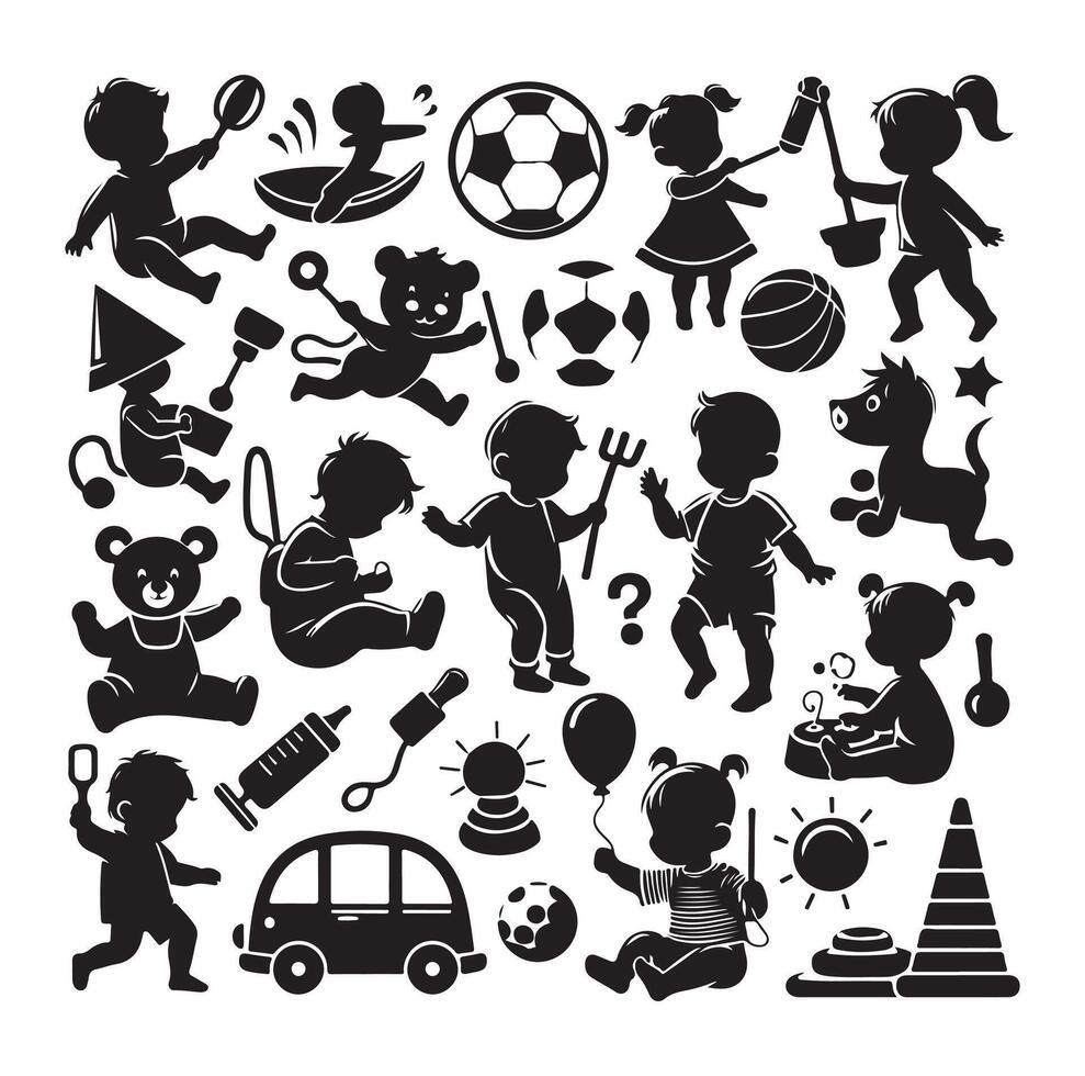 bambin enfant activité silhouettes illustration, ensemble de les enfants en jouant avec jouets vecteur