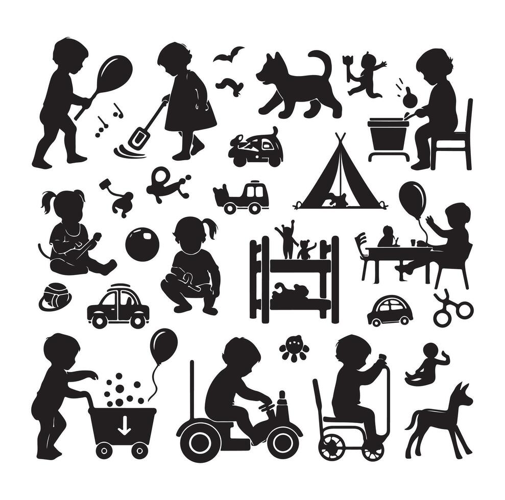 bambin enfant activité silhouettes illustration, ensemble de les enfants en jouant avec jouets vecteur