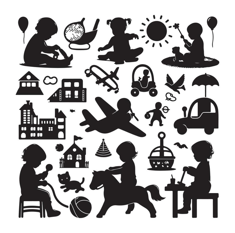 bambin enfant activité silhouettes illustration, ensemble de les enfants en jouant avec jouets vecteur