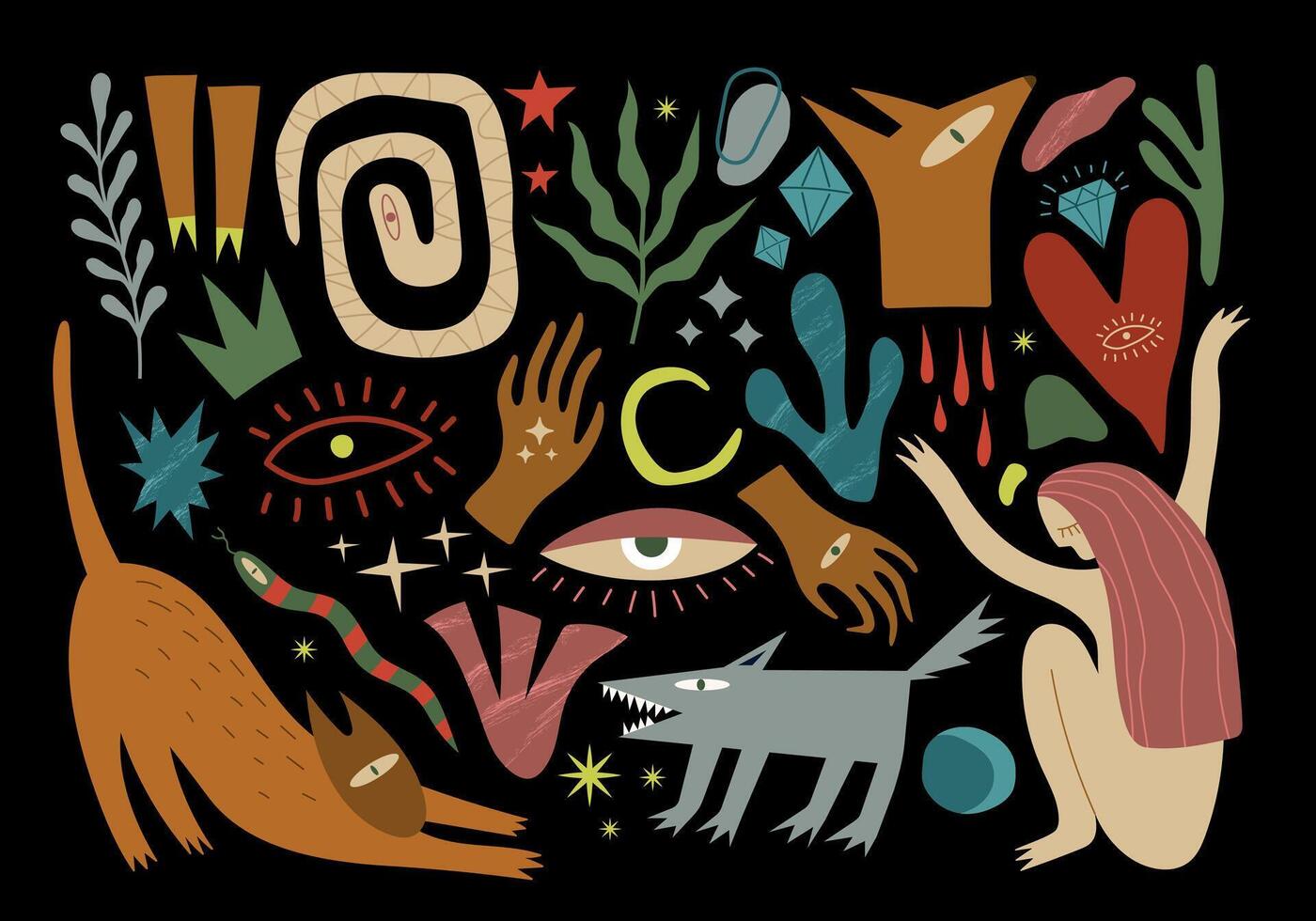 gros ésotérique ensemble. mains, femme, animaux, végétaux, abstrait éléments sur une noir Contexte. vecteur illustration