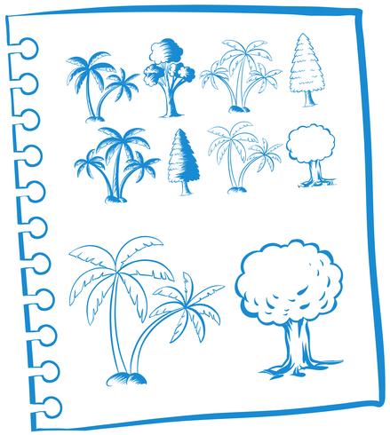 Doodles arbres de couleur bleue vecteur
