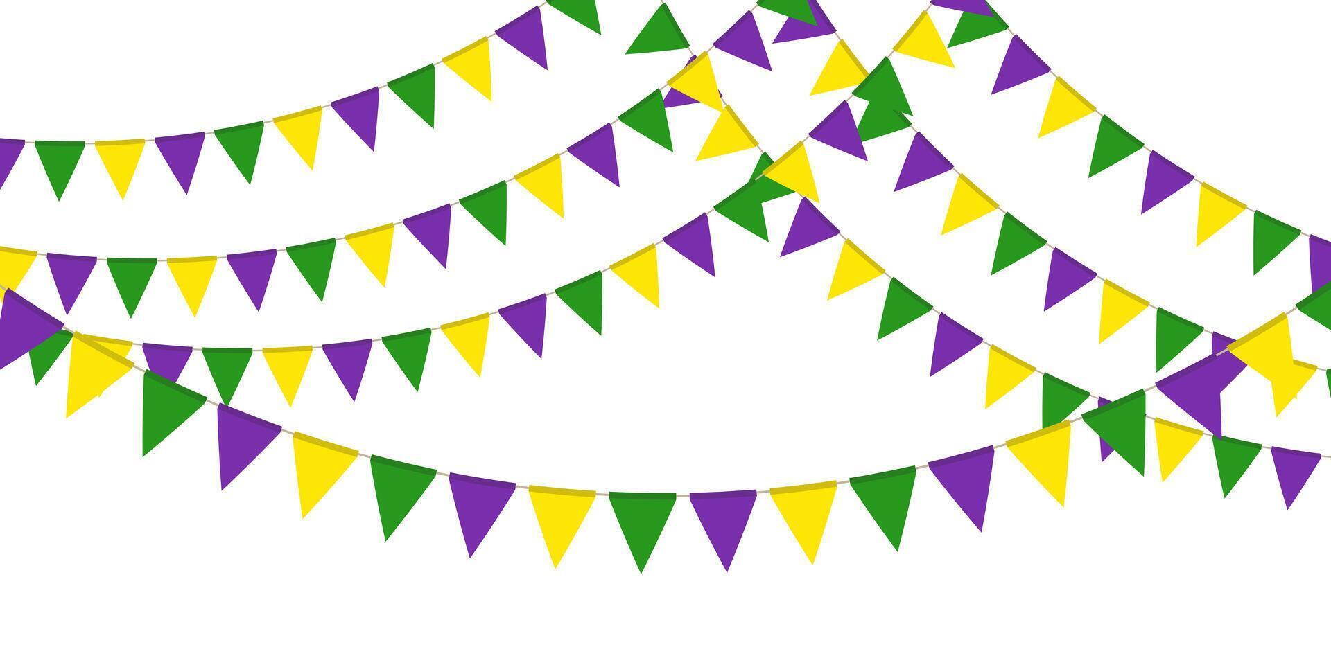 mardi gras traditionnel drapeau guirlande. Triangle fanions chaîne. fête fanions, fenêtre ou mur décoration décoration. fête drapeaux pour décor vecteur