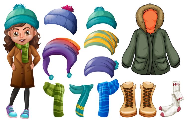 Fille et différents types de vêtements d&#39;hiver vecteur