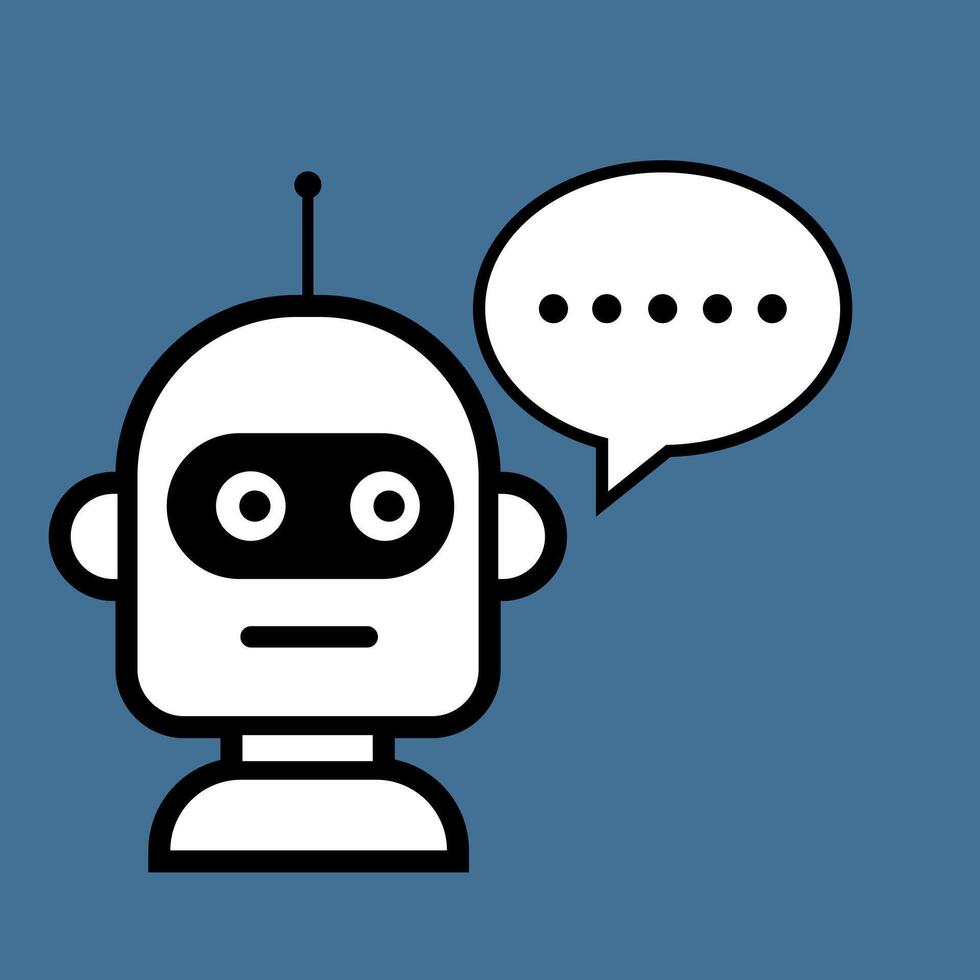 mignonne robot, ai chatbot Salut. il est isolé sur une bleu Contexte. parler bulle. voix soutien un service bavarder robot, en ligne client soutien assistant client soutien logo icône logo vecteur