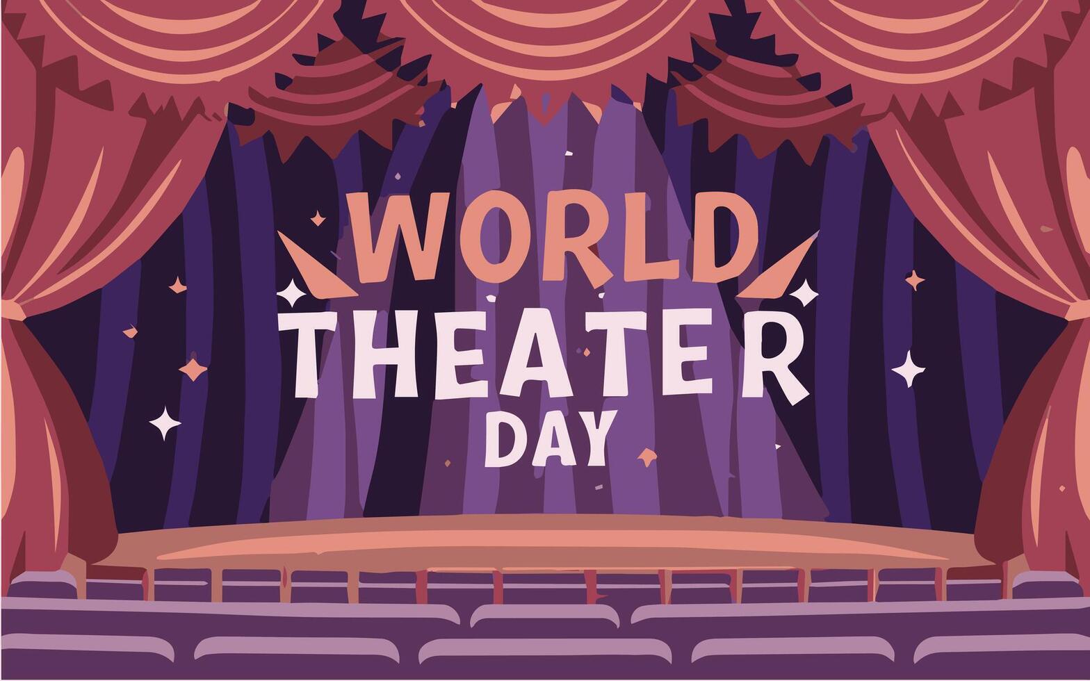 monde théâtre jour, Mars 27, conceptuel salutation carte, avec rideau et étape avec rouge velours rideau. monde théâtre journée bannière conception vecteur