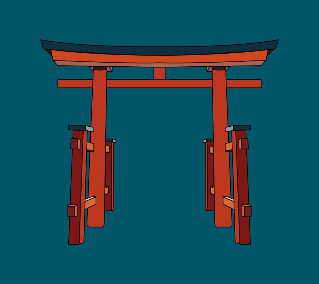 torii porte sur une foncé Contexte. entrée à le Japonais temple. vue de ancien architecture. Voyage à Japon. isolé objet. vecteur illustration.