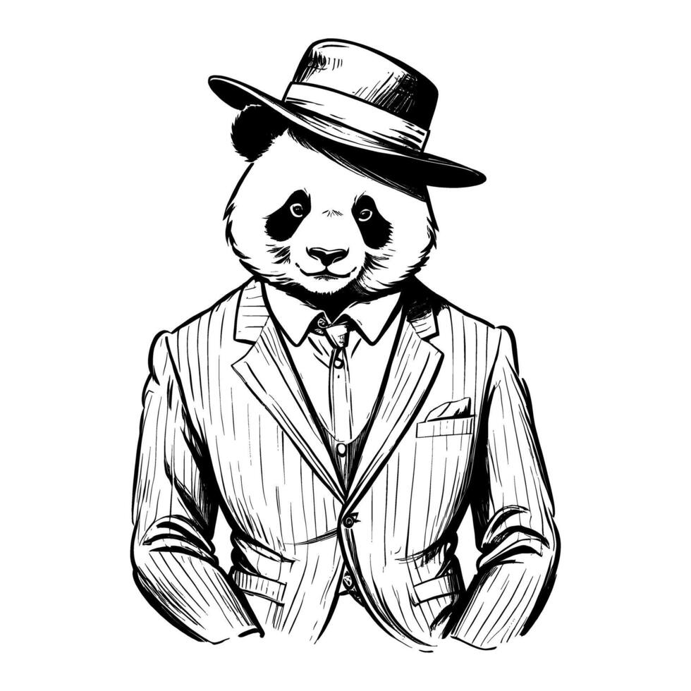Panda portant affaires suite et chapeau vieux rétro ancien gravé encre esquisser main tiré ligne art vecteur