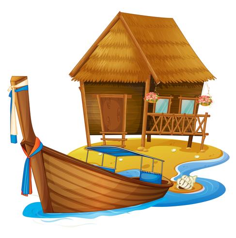 Chalet en bois et bateau sur l&#39;île vecteur