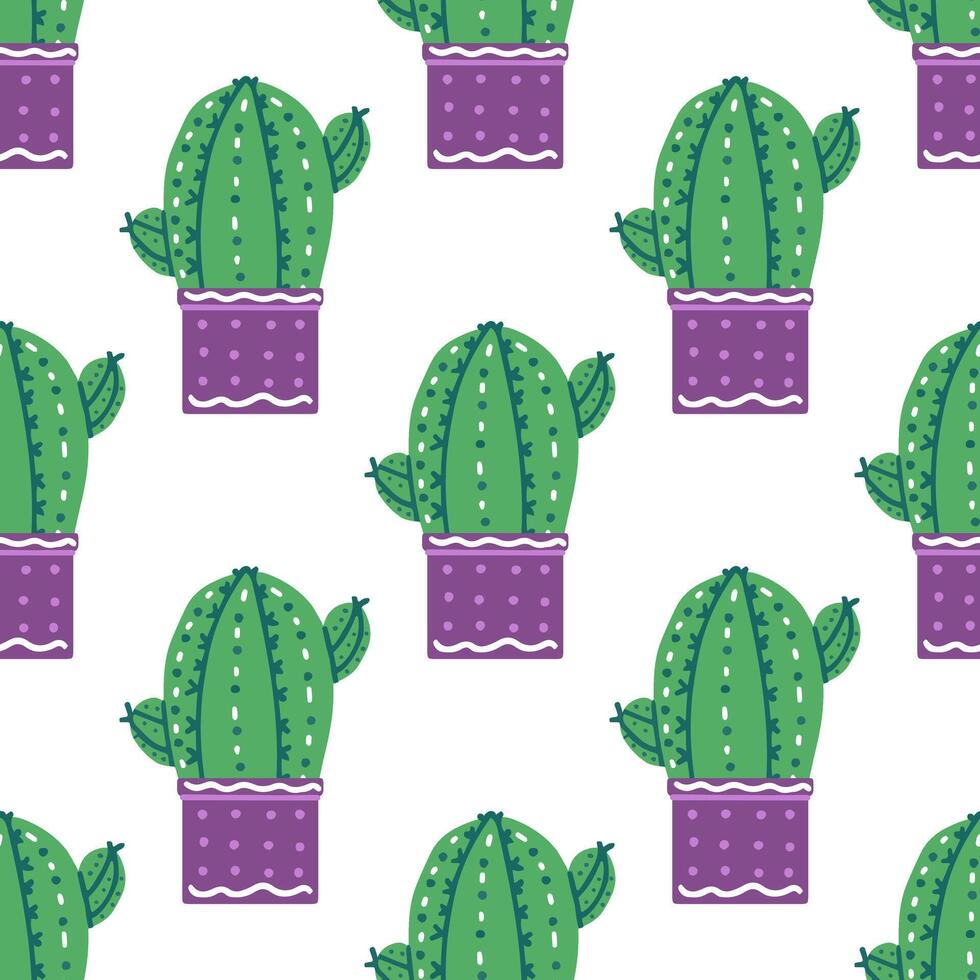 dessiné à la main vecteur sans couture modèle de cactus. plat style illustration de épineux usine, épanouissement cactus, succulent plante dans coloré céramique pot. Accueil usine, Mexique cactus fleur.