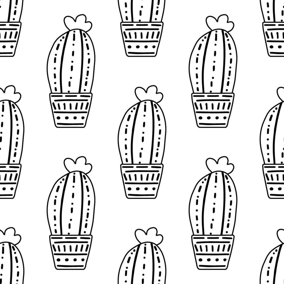dessiné à la main vecteur sans couture modèle de cactus. contour griffonnage style illustration de épineux usine, épanouissement cactus, succulent plante dans céramique pot. Accueil usine, Mexique cactus fleur.