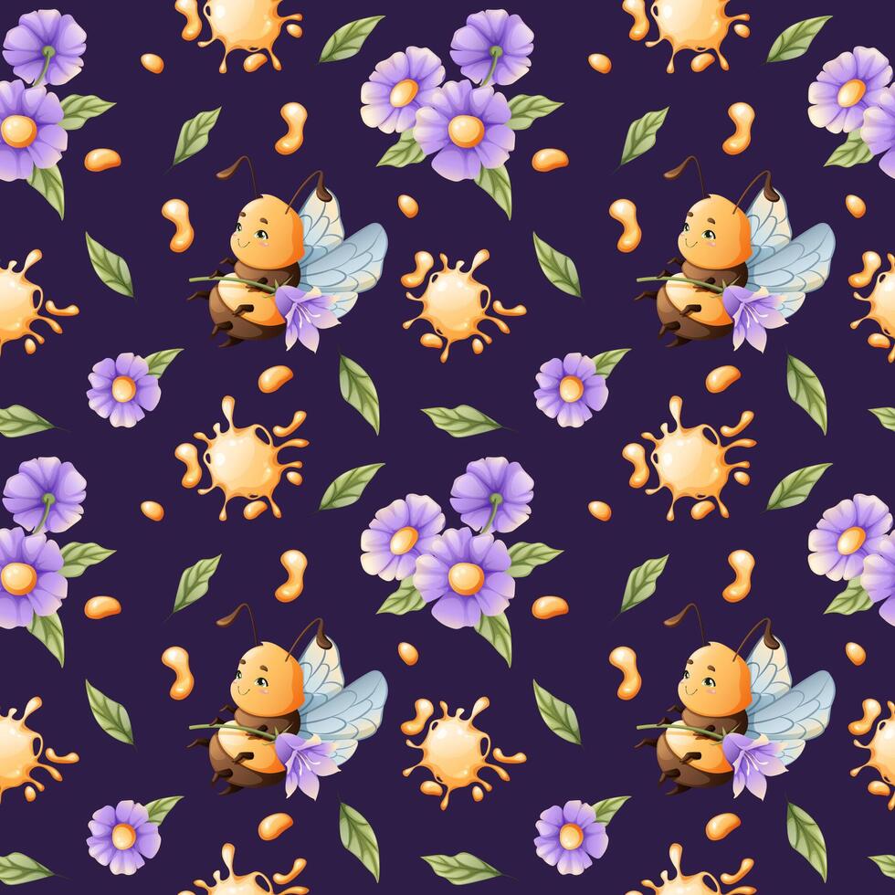 sans couture modèle avec mon chéri les abeilles avec fleurs et Miel. enfants en tissu conception. été illustration. sucré abeille floral imprimer. vecteur