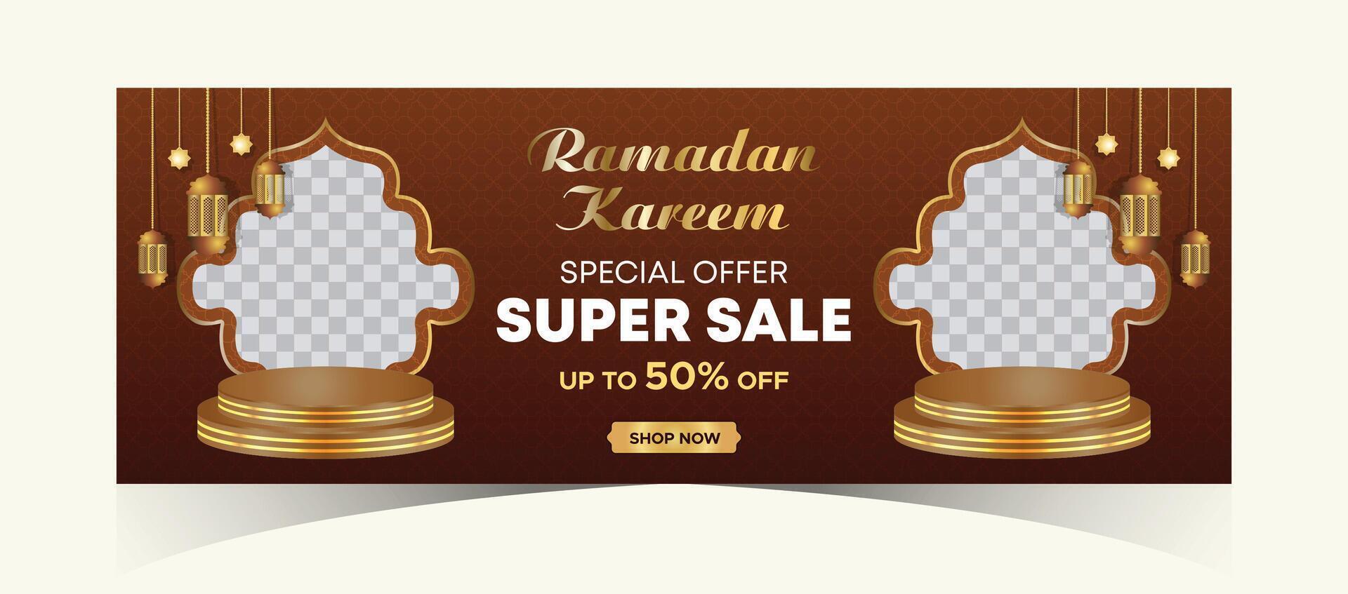 Ramadan kareem la toile Contexte super vente bannière avec podium pour afficher de produit. Ramadan méga gros vente promotion affiche et social médias poste. islamique spécial offre promotion bannière conception modèle vecteur