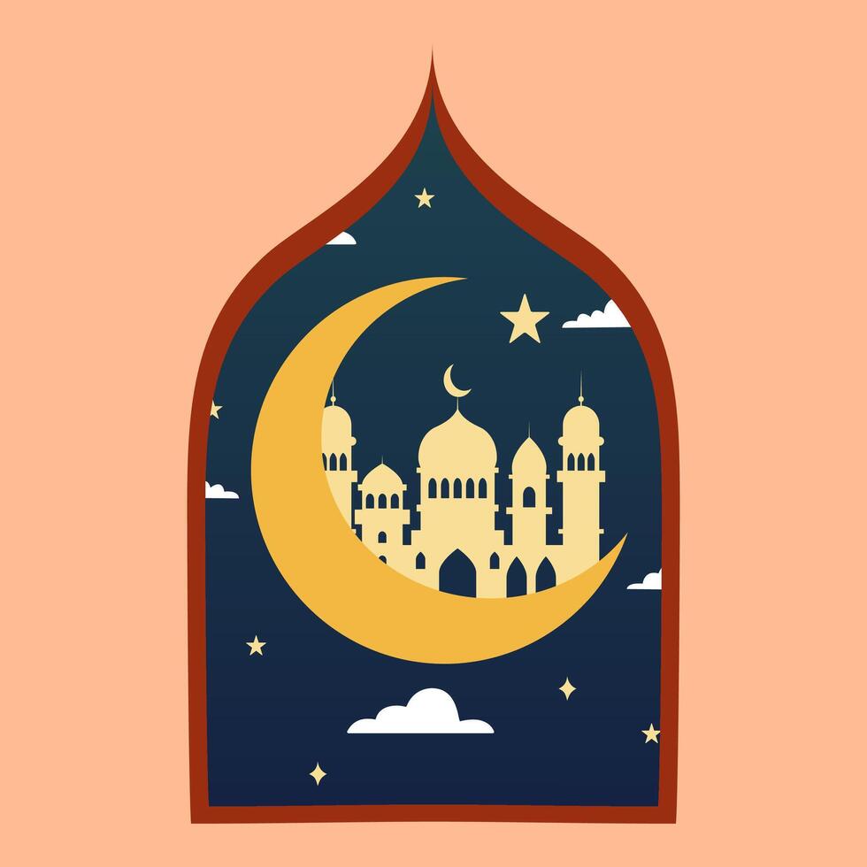 islamique fenêtre cambre avec lune, mosquée dôme et étoiles dans Oriental style, Ramadan mois, moderne boho conception. vecteur