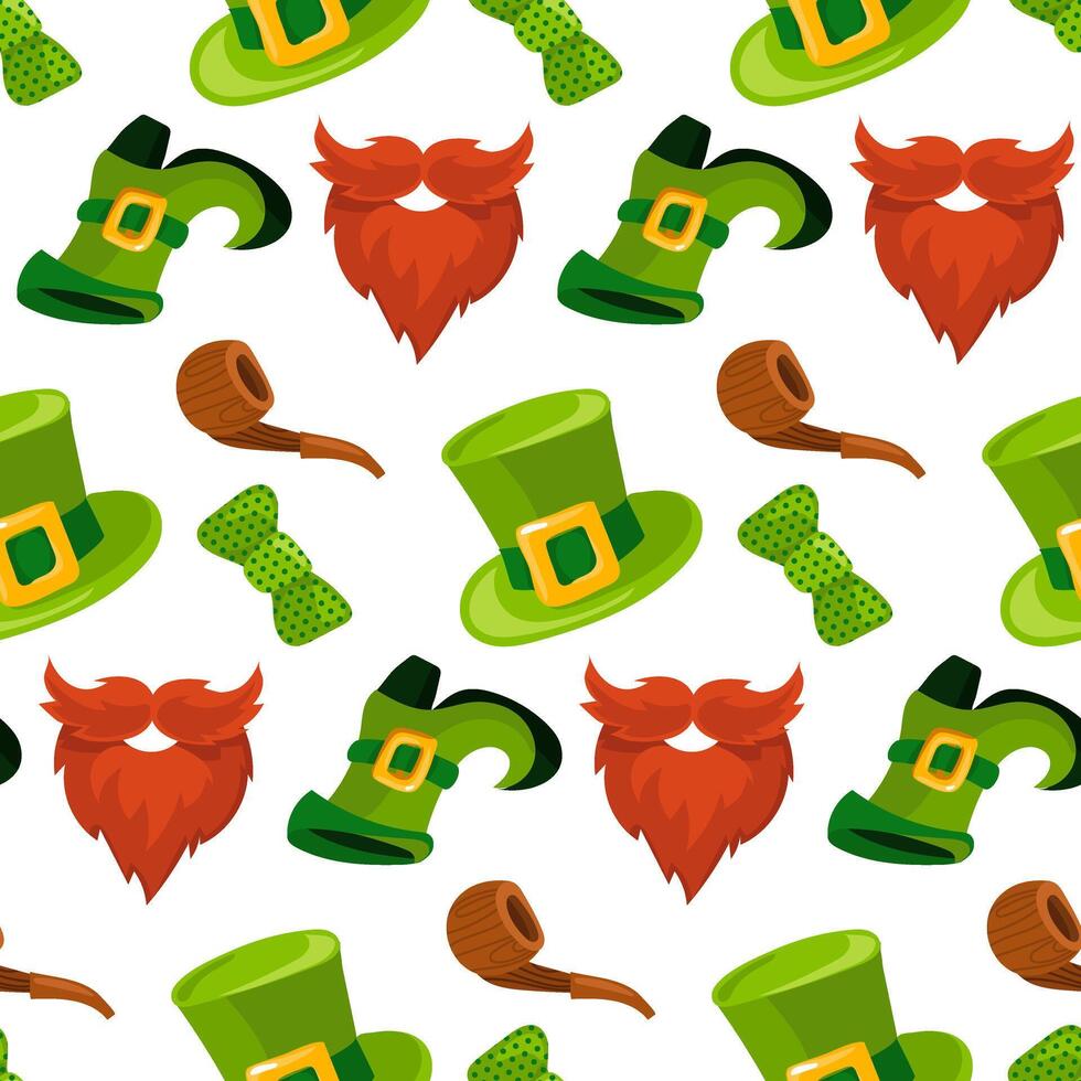 modèle est une vert chapeau, barbe, chaussure, tuyau, papillon. vecteur sans couture modèle pour st. patrick's journée. les attributs de une lutin sont sans couture pour bien la chance sur une blanche. chance, vacances, emballage, répéter