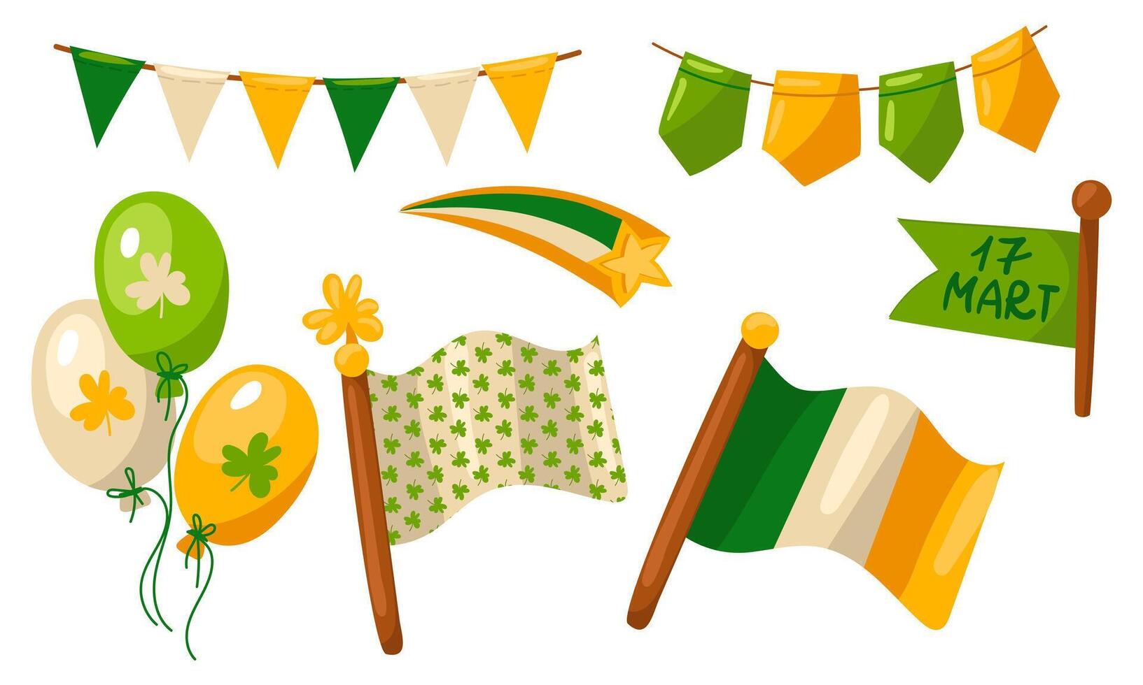 ensemble de drapeaux, drapeaux, des ballons pour st. patrick's journée. vecteur irlandais vacances de st. patrick's journée. une collection avec un irlandais drapeau, une drapeau avec trèfles, des ballons, une étoile. dessiné à la main illustration. bannière