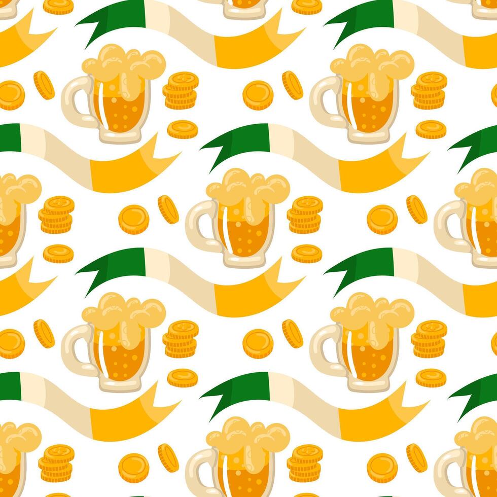 modèle de Jaune mousseux Bière avec pièces de monnaie et une ruban avec le couleurs de le irlandais drapeau. vecteur sans couture pour st. patrick's journée. beaucoup de pièces de monnaie et Bière sur une blanc pour bien chance. fête, emballage