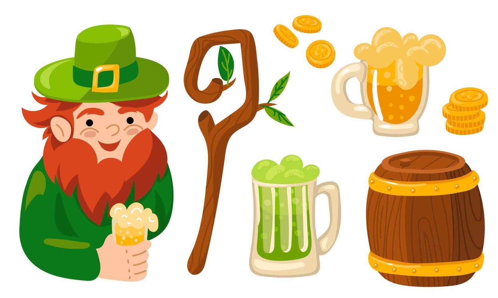 ensemble de lutins avec Bière dans tasses, dans une baril, pièces de monnaie et une printemps bâton avec feuilles. mignonne vecteur tiré lutin. content st. patrick's journée. marrant personnage lutin, une ensemble de objets. isolé