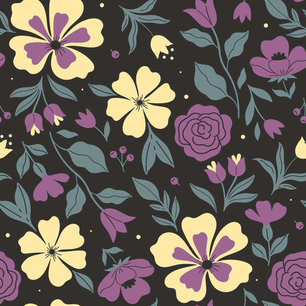 sans couture modèle avec violet et Jaune fleurs sur une noir Contexte. vecteur graphique.