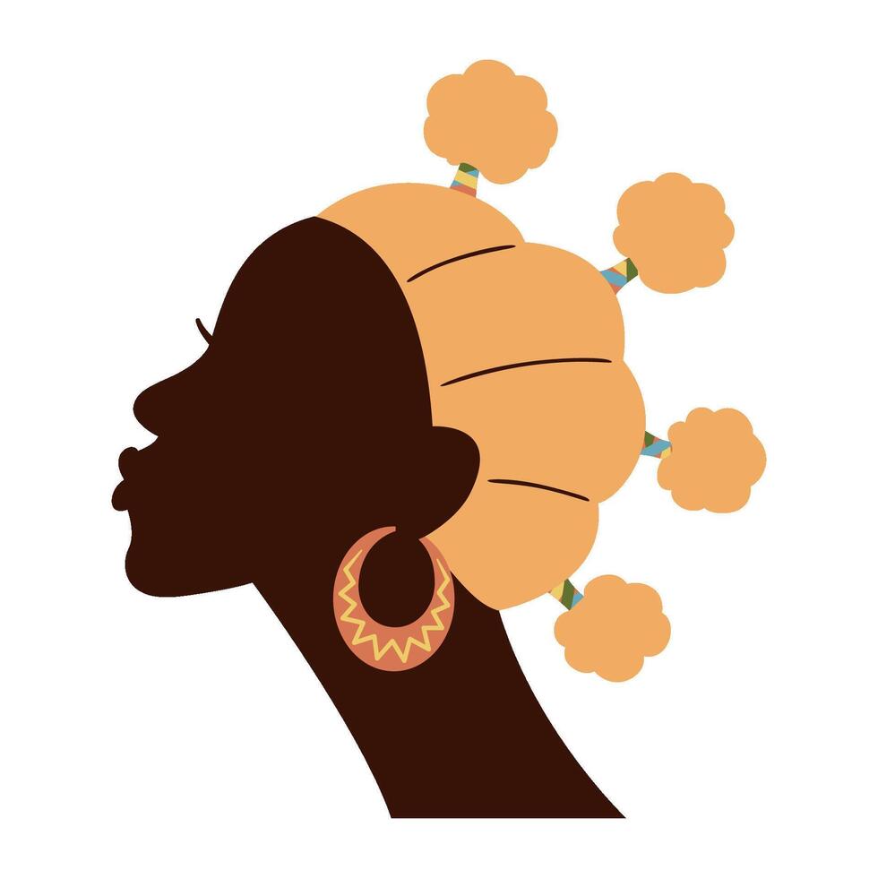 magnifique africain femme silhouette avec gros traditionnel des boucles d'oreilles et exotique coiffures. noir afro femme vecteur isolé sur blanc Contexte
