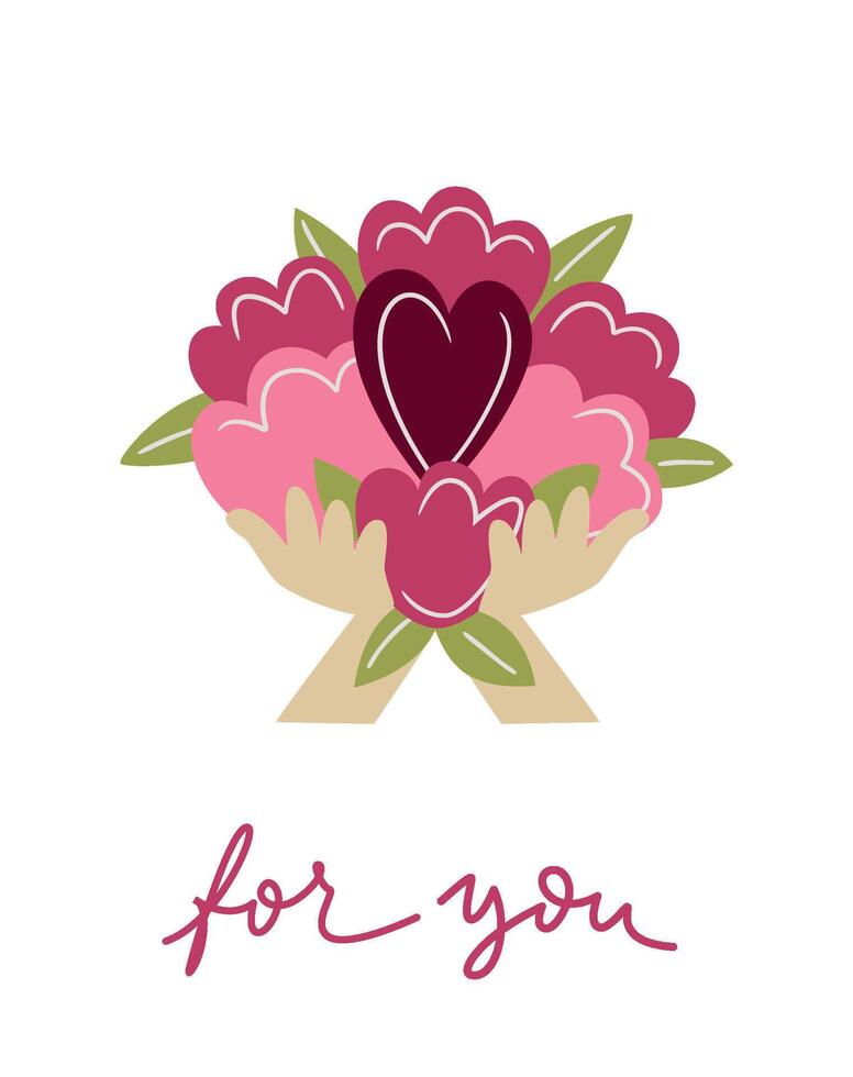 mains avec bouquet de fleurs et cœur. pour vous caractères Devis. pour la Saint-Valentin jour, anniversaire ou remercier vous salutation carte, bannière. vecteur illustration