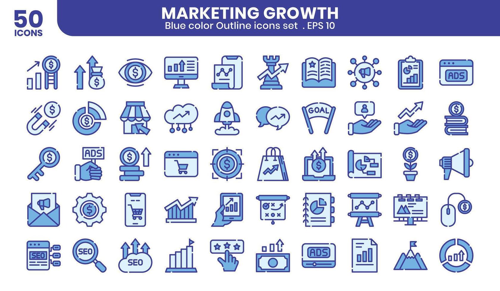 commercialisation croissance bleu coloré contour Icônes ensemble vecteur