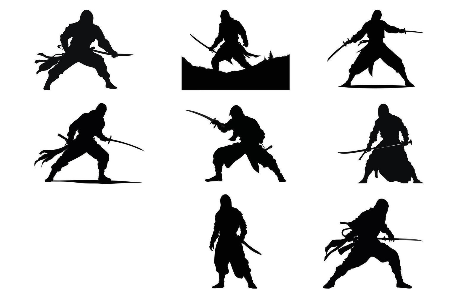silhouette de combat guerriers avec épées, ninja dans action avec épée silhouette, vecteur