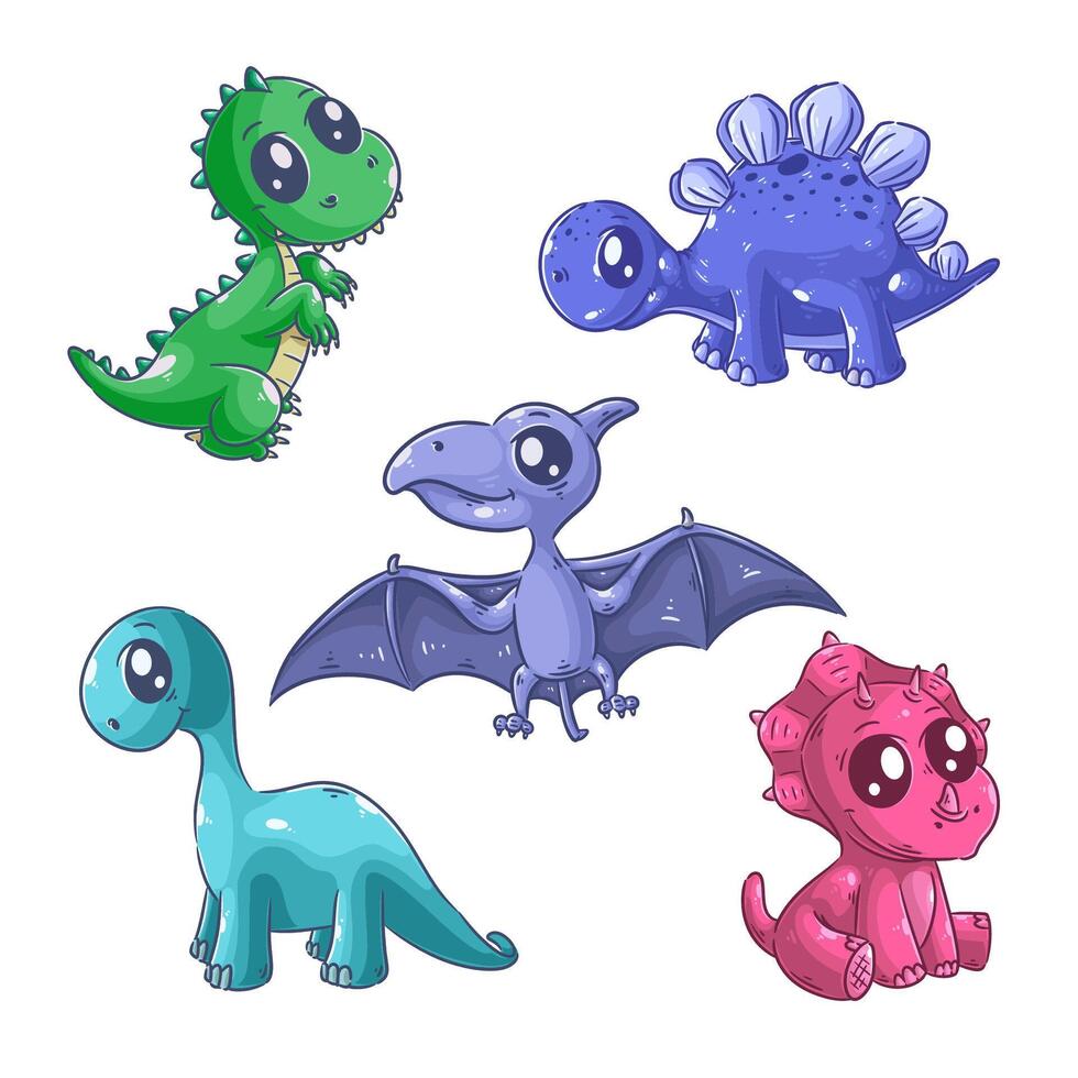 une pack de dinosaure images, dessiné à la main style ensemble vecteur