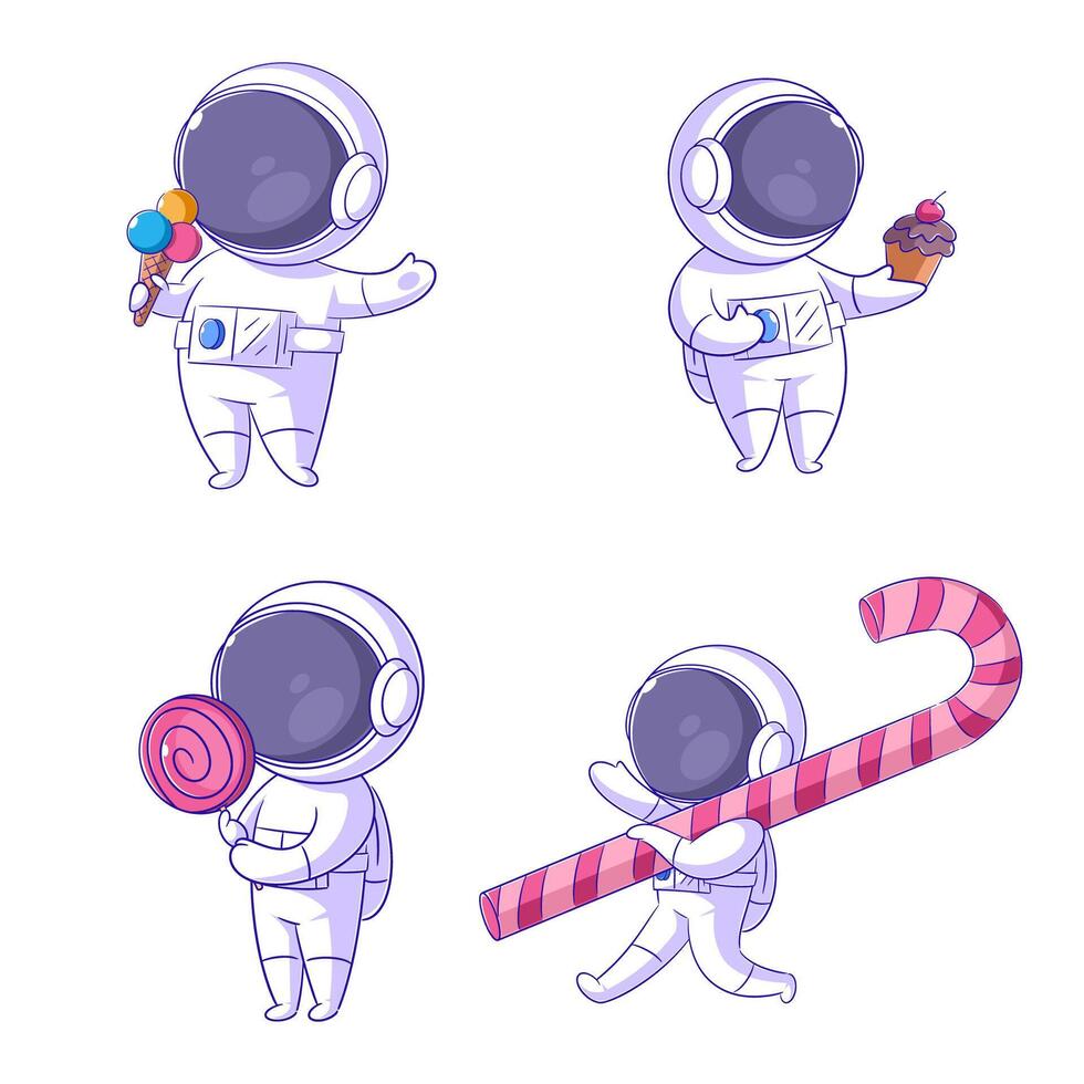 mignonne astronaute avec bonbons, dessin animé style ensemble vecteur