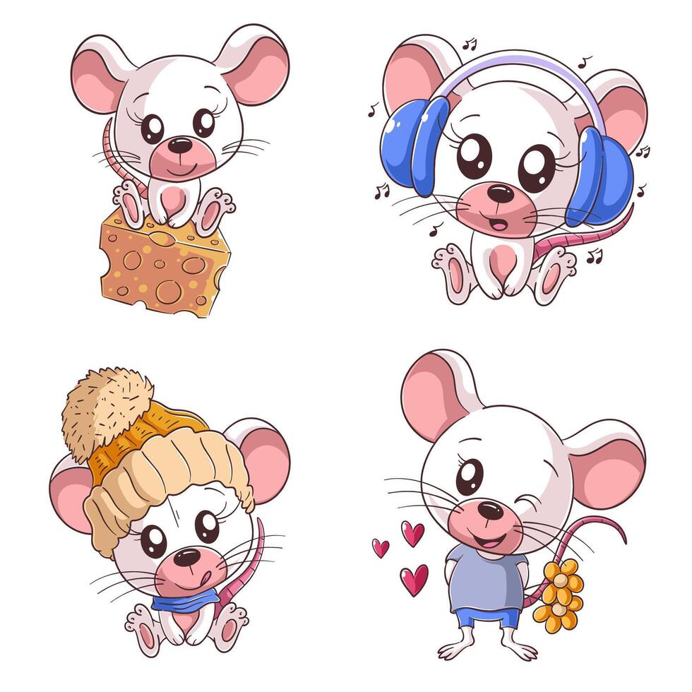 mignonne Souris avec fromage, main tiré style ensemble vecteur