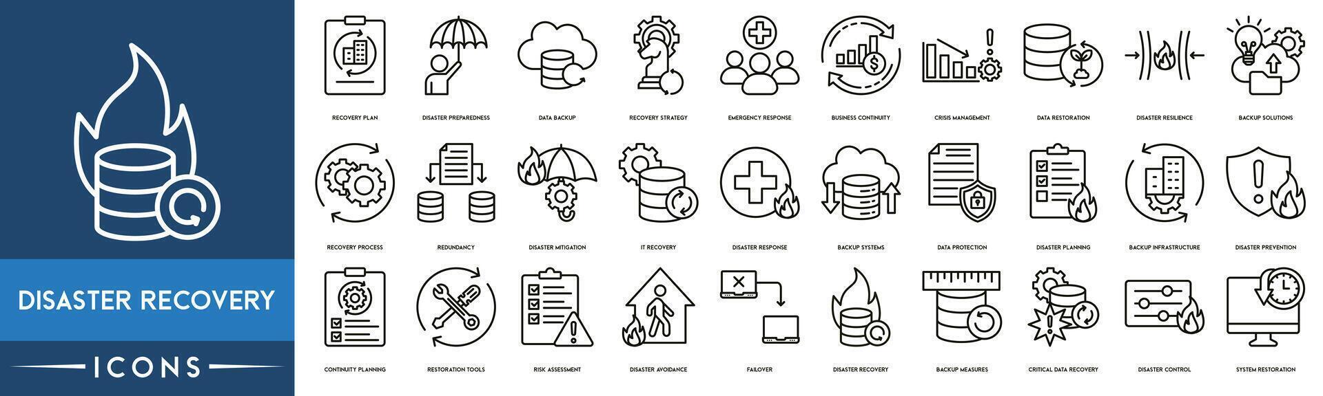 catastrophe récupération icône. récupération plan, catastrophe préparation, Les données sauvegarde, récupération stratégie, affaires continuité, crise gestion, Les données restauration, catastrophe résistance et sauvegarde solutions icône. vecteur