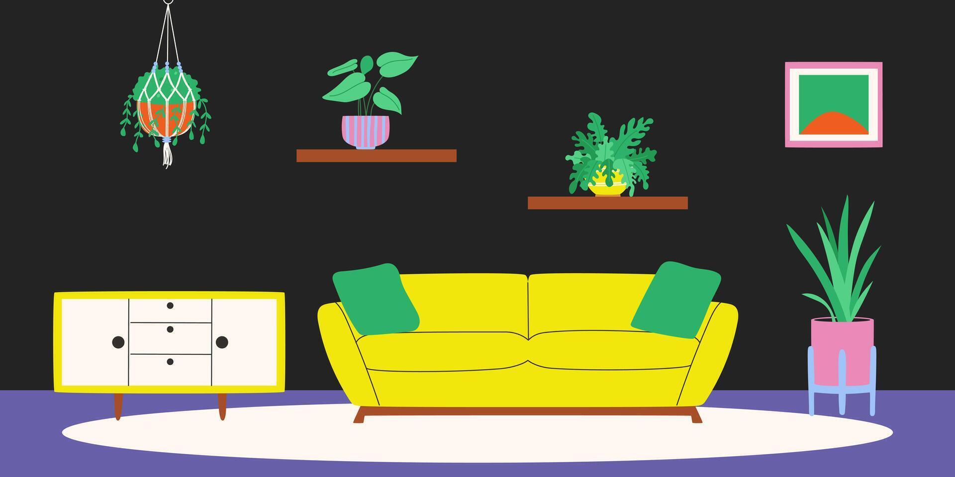intérieur de confortable pièce avec vert les plantes. vecteur illustration.