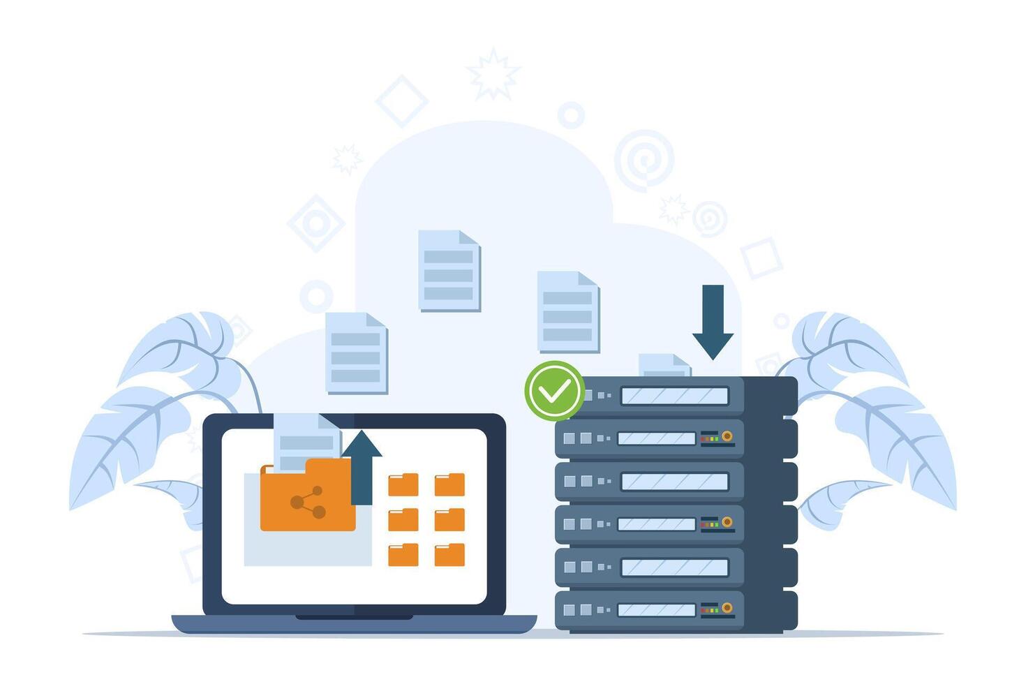 fichier transfert concept, nuage technologie, télécharger et télécharger, Les données sauvegarde, document stockage, affaires personnages transfert des dossiers entre dispositifs, plat vecteur illustration sur Contexte.