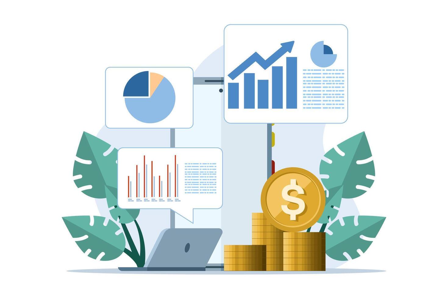 la finance concept, Ventes stratégie, travail en équipe, entreprise budget, croissance revenu, investissement entreprise, portable en cours d'analyse Ventes croissance graphique ou bar graphique, plat vecteur illustration sur blanc Contexte.