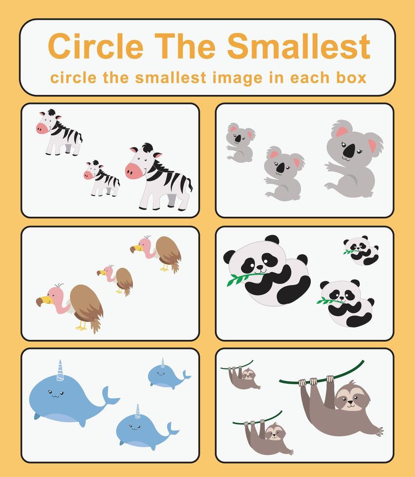 cercle le le plus petit feuille de travail. apprentissage à propos comparaison. imprimable activité page pour enfants. éducatif les enfants Jeu vecteur