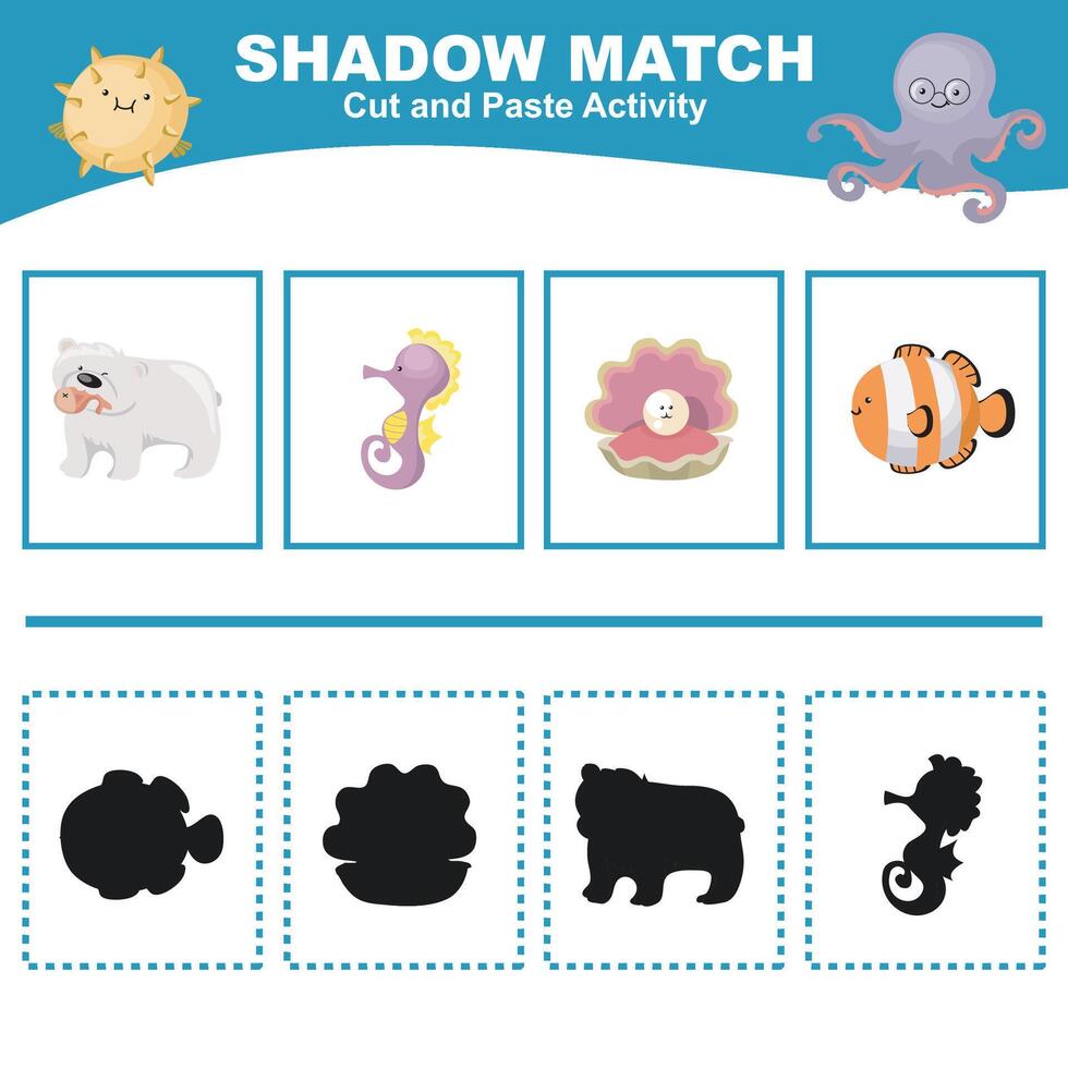 Couper le image dans chaque boîte et la colle il sur chaque ombre. trouver le correct ombre. Couper et pâte activité pour les enfants. vecteur