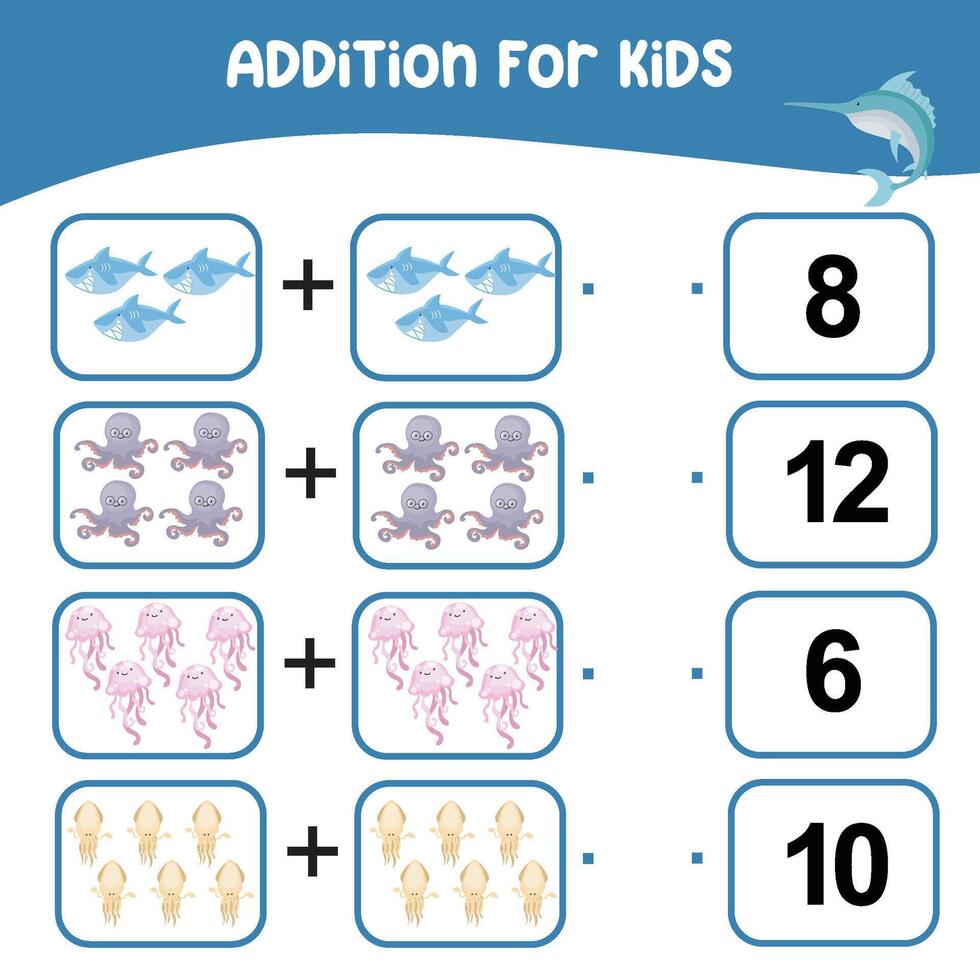 une addition pour des gamins feuille de travail. des gamins éducatif jeu. laisse compter ensemble. imprimable éducatif feuille de travail activité. exercice pour les enfants à reconnaître le nombre. vecteur