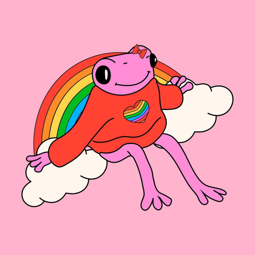 mignonne grenouille avec symboles ensemble dans arc en ciel couleurs. vecteur illustration. fierté mois