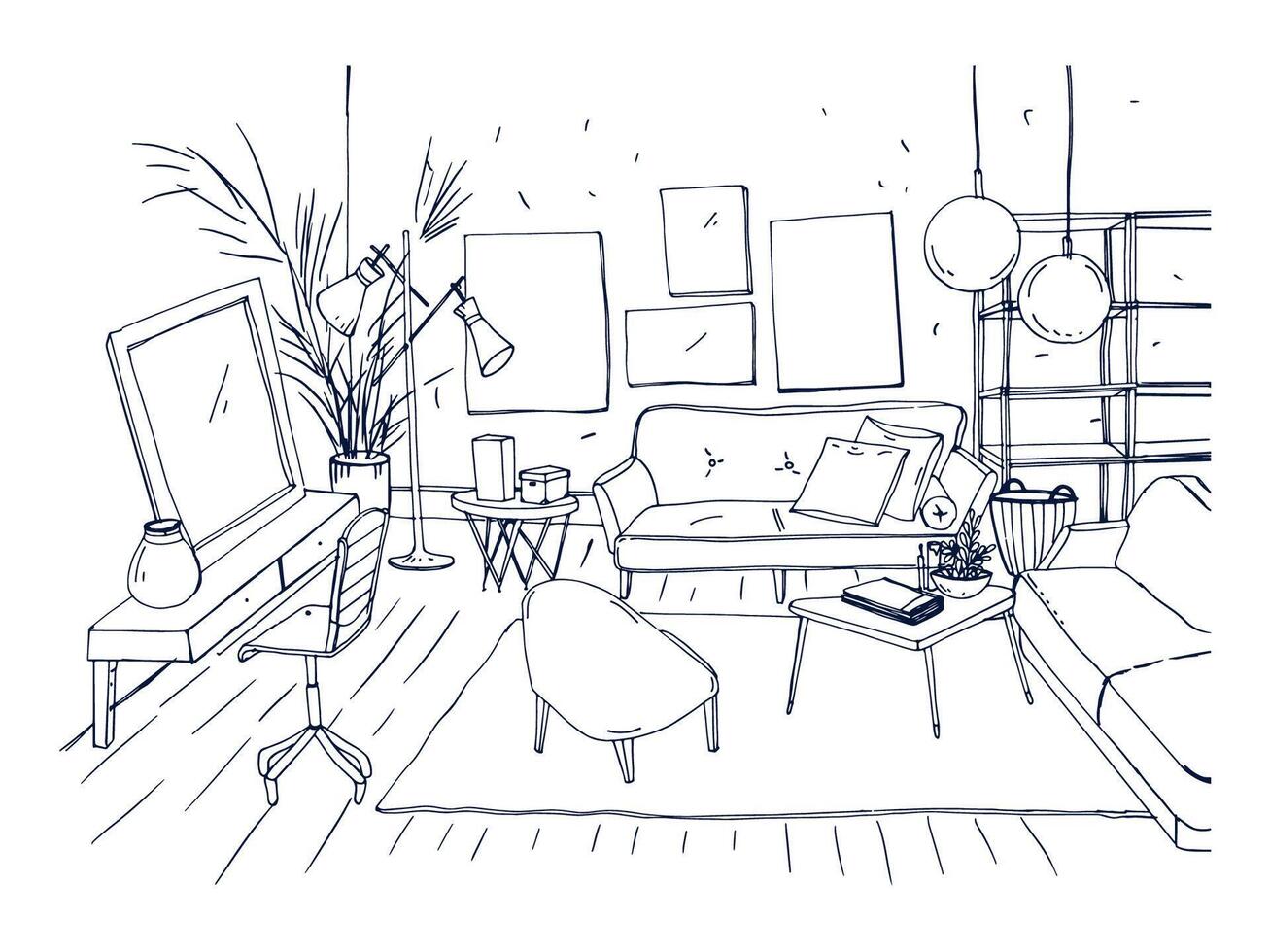 monochrome dessin de intérieur de vivant pièce avec canapé, chaises, café table et autre moderne ameublement. main tiré esquisser de appartement meublé dans scandinave ou grenier style. vecteur illustration.