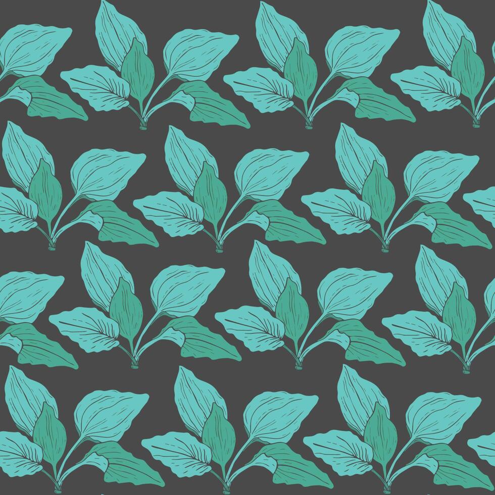 botanique sans couture modèle avec vert banane plantain feuilles sur foncé Contexte. médicinal herbacé plante main tiré dans ancien style. vecteur illustration pour en tissu imprimer, emballage papier, fond d'écran.