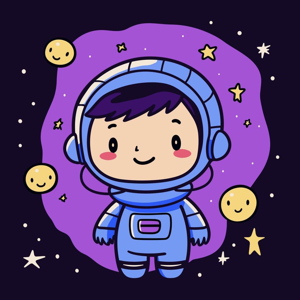 content dessin animé astronaute avec violet cheveux et casque est entouré par étoiles et planètes. souriant astronaute garçon. vecteur illustration