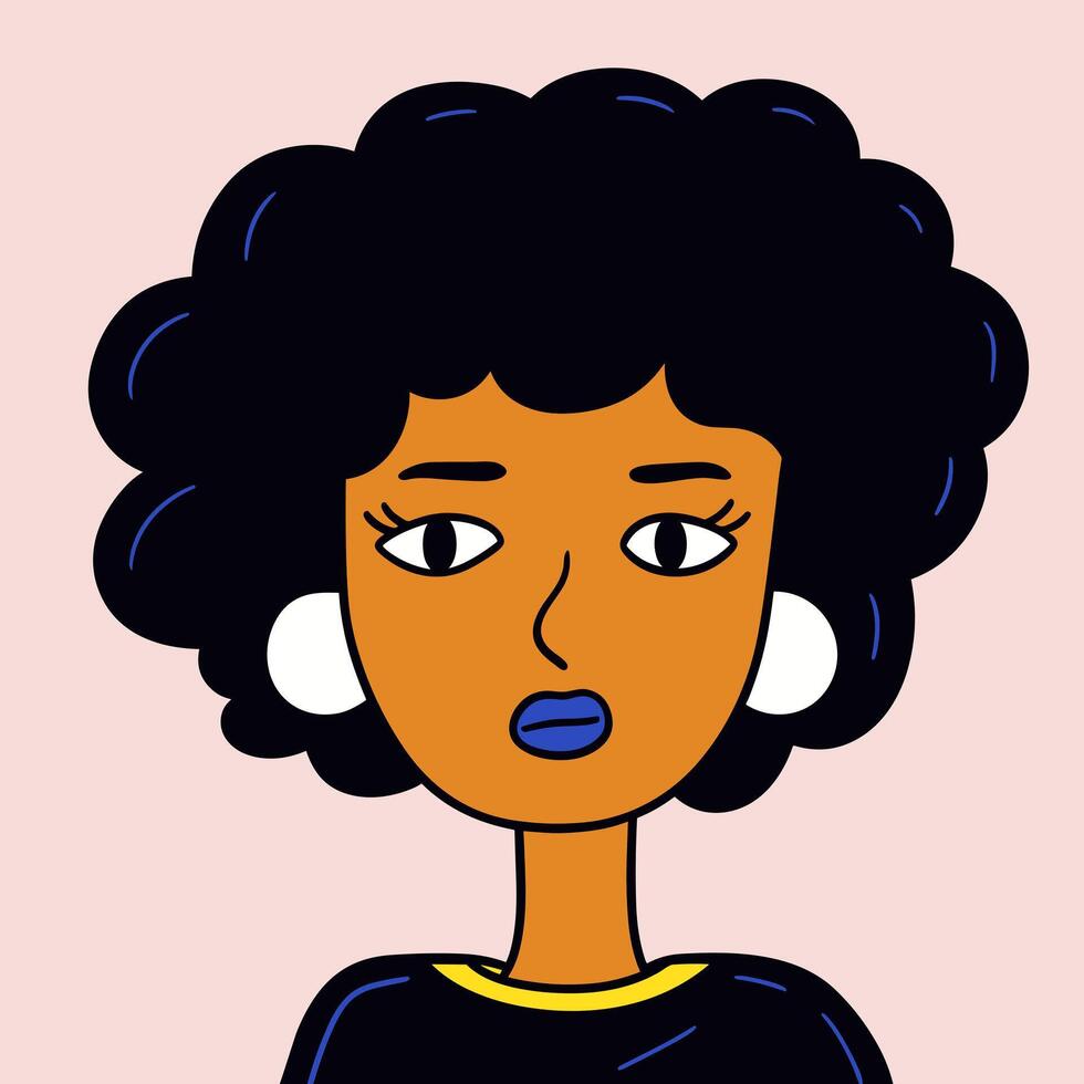 afro américain fille portrait dans griffonnage style. Jeune femme avec frisé noir cheveux. personnage portrait vecteur illustration. avatars de femme