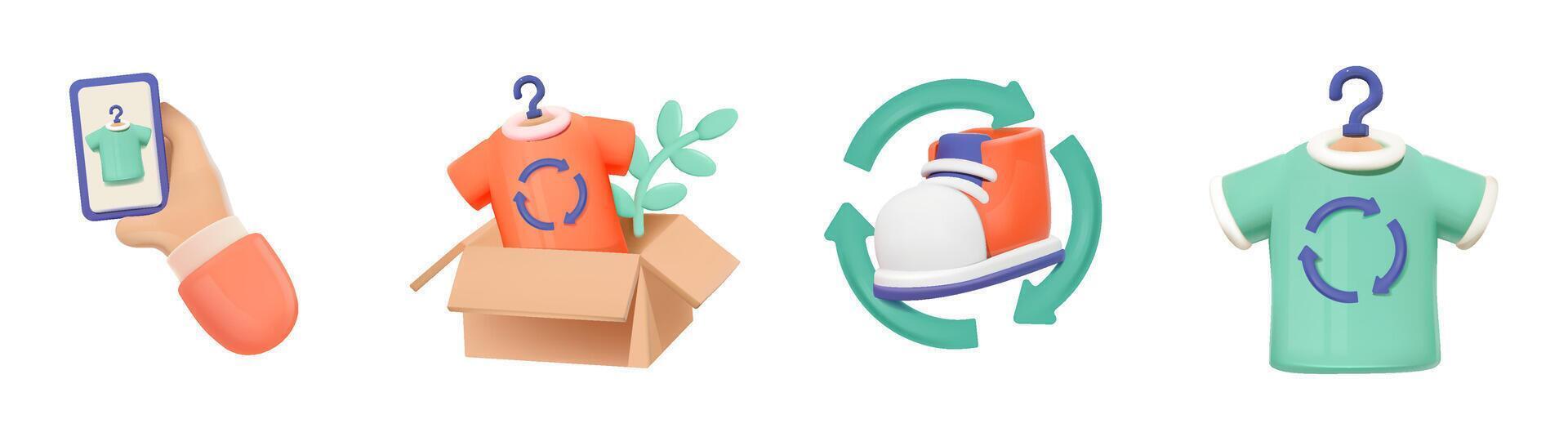 3d vecteur icône vêtements avec recycler symbole. concept de revendre ou réutiliser vêtement. durabilité dans mode, encourageant le recyclage et réaffecter de Vêtements articles à réduire déchets.