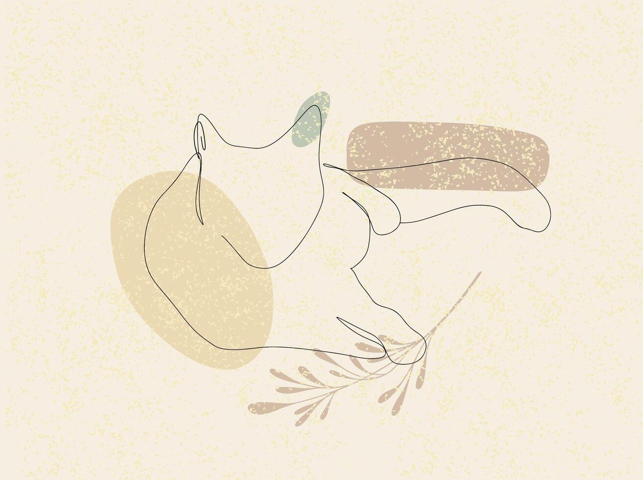 un ligne mensonge chat vecteur illustration avec abstrait formes et plante bifurquer, feuilles beige couleurs