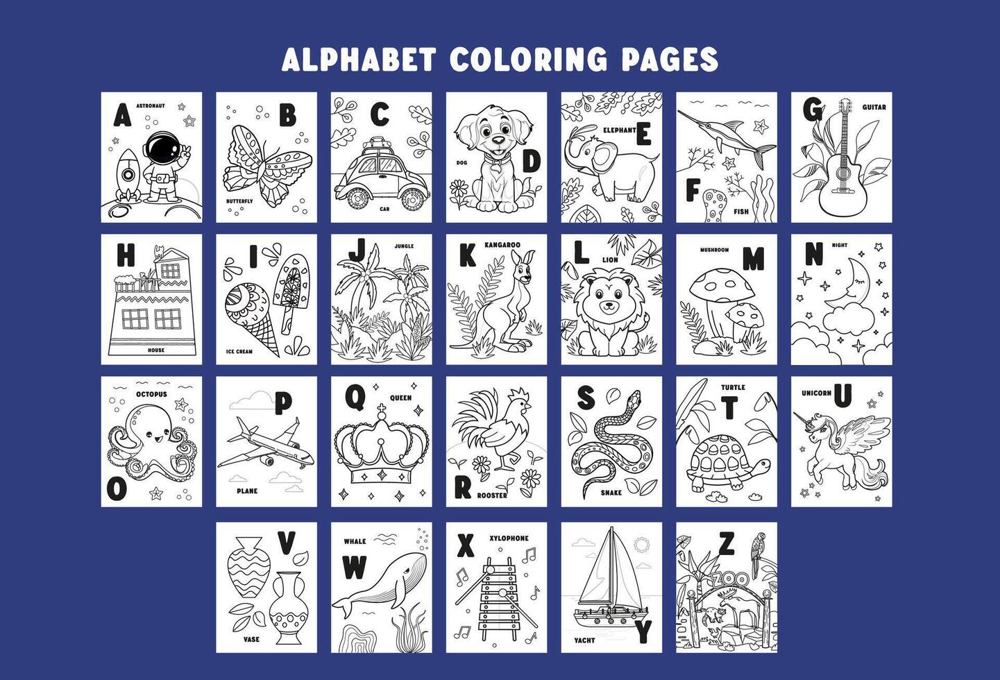 alphabet coloration livre. abc main tiré coloration pour des gamins avec animaux. magnifique Facile dessins avec motifs. coloration livre des photos. préscolaire, Jardin d'enfants éducation. les enfants Activités feuilles vecteur